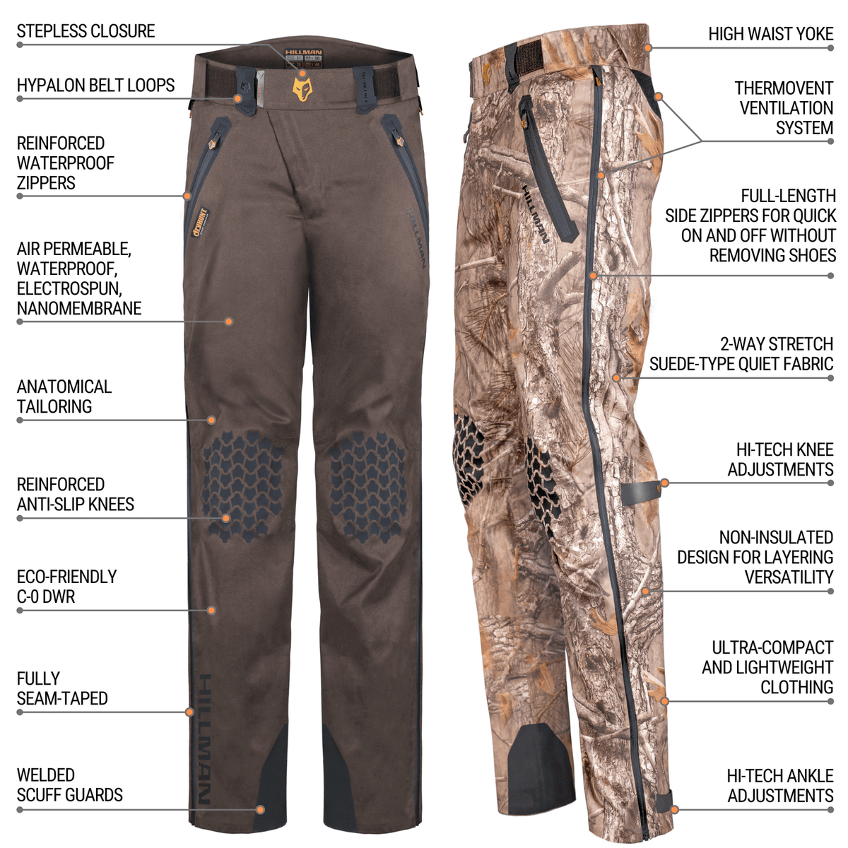 Two pairs of hunting pants are displayed. The left pair is brown with reinforced elements and eco-friendly fabric. The right pair has a camouflage pattern with a suede-type finish. Both pairs feature waterproof zippers and adjustable elements.