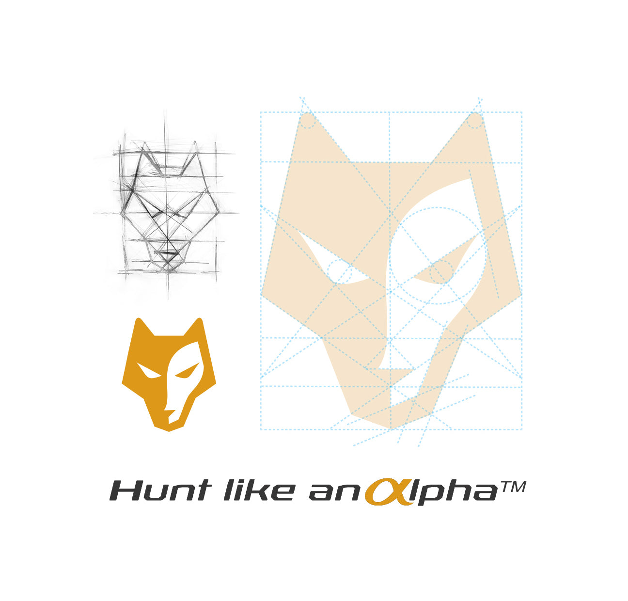 The image shows the design process of a stylized fox head logo. It includes a rough sketch, a geometric grid overlay, and the final logo in yellow. Below, the text reads Hunt like an Alpha™ in a modern font.