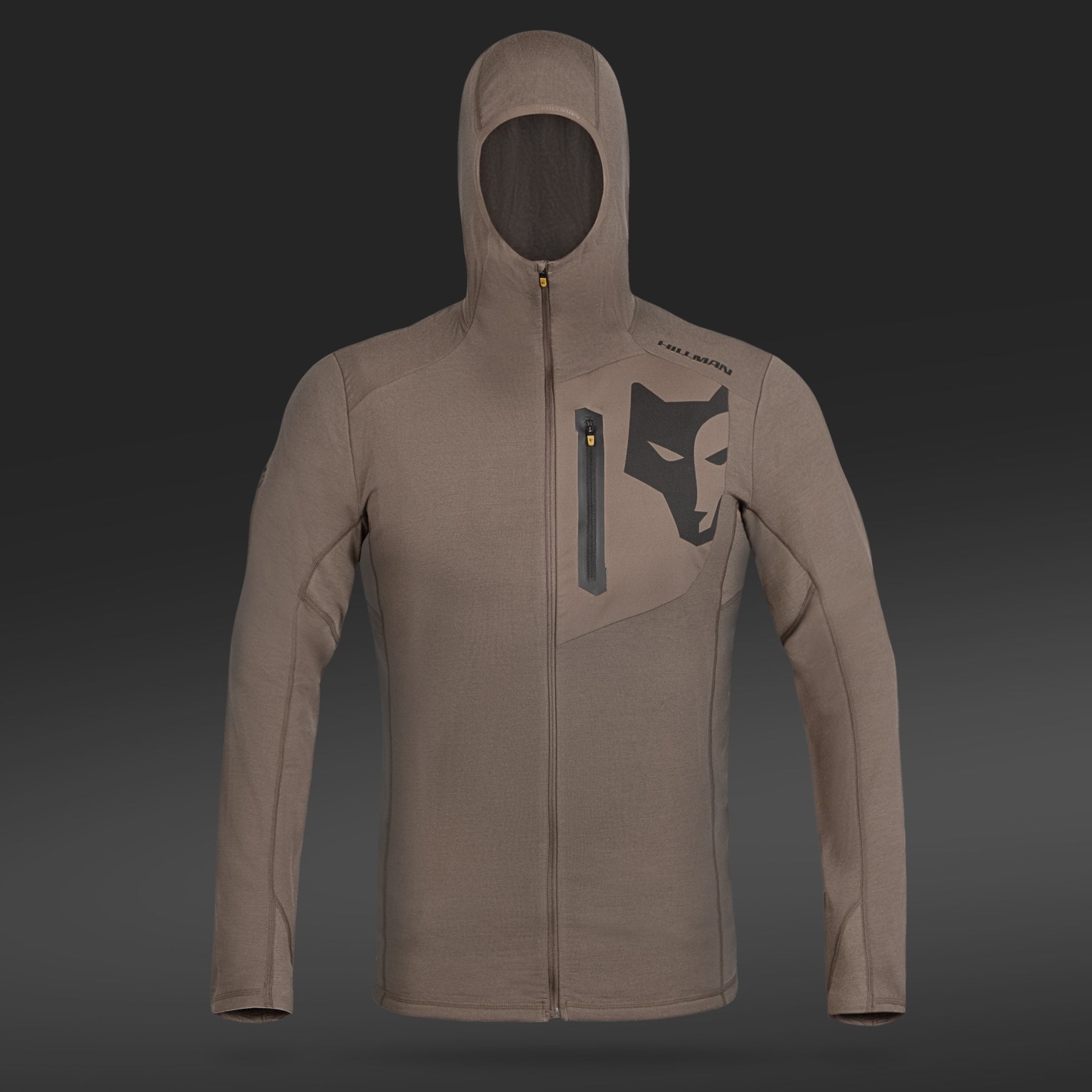 The Hillman® Hunting Hoodie | Merino Wool & Bamboo Fleece Mid Layer | 3ML in tan, with a front zipper, chest pocket, and stylized wolf design on the left chest, is shown on a mannequin against a dark background.