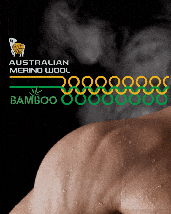 A close-up image of a persons shoulder showing textured skin against a dark background. Text reads, Australian Merino Wool, with a stylized sheep icon, followed by Bamboo with a bamboo leaf graphic. Abstract decorative lines are above the shoulder.