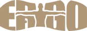 A beige silhouette of a person with outstretched arms is overlaid on the letters ERGO, which are stylized to follow the contour of the silhouette, creating a seamless design.