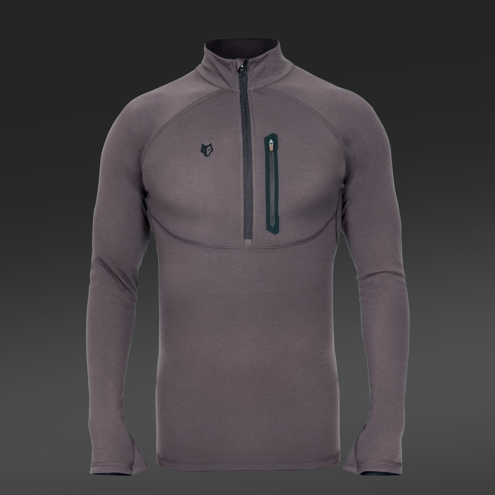 The Hillman® Hunting Base Layer Merino Wool & Bamboo | 2BL is a long-sleeve, purple-gray athletic pullover with a high collar, partial front zipper, and vertical zip chest pocket, shown on a plain dark background.