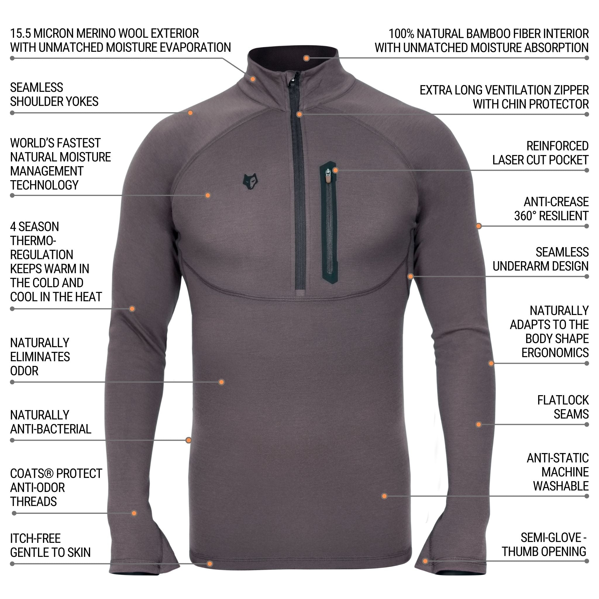The Hillman® 2BL Hunting Base Layer is a charcoal, long-sleeve, half-zip merino wool pullover with bamboo fiber interior, ventilation zipper, anti-static finish, ergonomic seams, and a chest pocket.