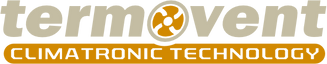 Logo featuring the word Termovent in beige, with an abstract fan icon in the letter O. Below, an orange banner contains the text Climatronic Technology in white uppercase letters.