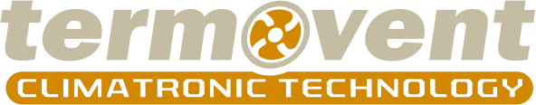 Logo featuring the word Termovent in beige, with an abstract fan icon in the letter O. Below, an orange banner contains the text Climatronic Technology in white uppercase letters.