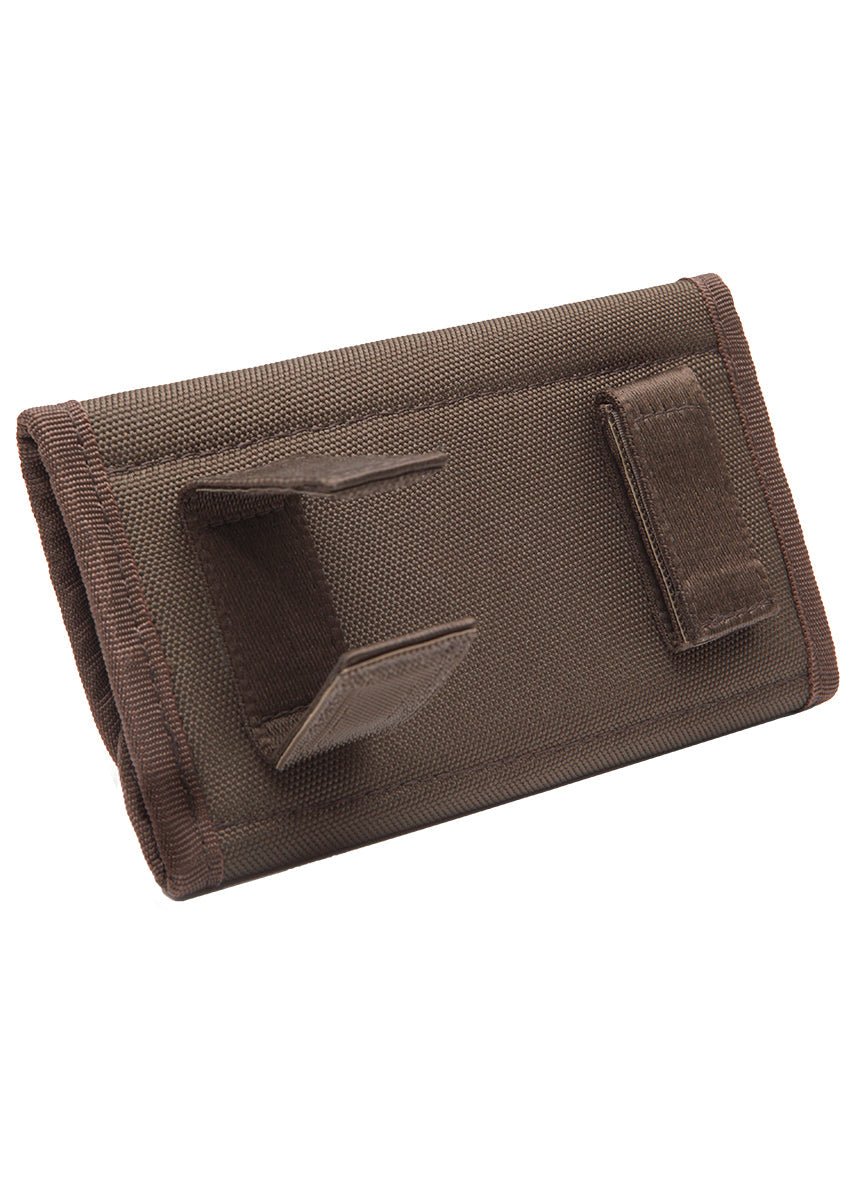 The Hillman® Magnetic Rifle Pouch is a brown Duratex fabric pouch with a rectangular shape and durable, textured material. It features a loop and magnetic fastener on the back for easy belt or strap attachment, ensuring reliable performance.