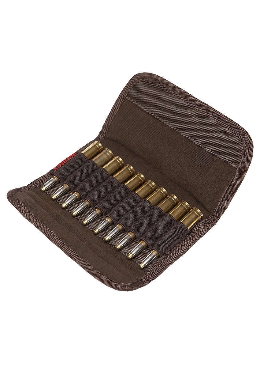 The Hillman® Magnetic rifle pouch, made from durable Duratex fabric, holds ten brass bullets in elastic loops. Its compact design with a magnetic closure makes it portable and practical.