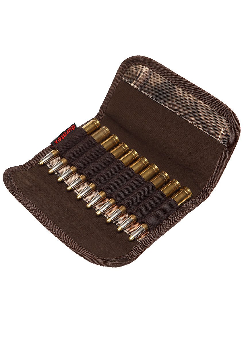 The Hillman® Magnetic Rifle Pouch, made from brown Duratex fabric, holds ten brass rifle cartridges in individual elastic loops, shown open to display its organized interior and contents.