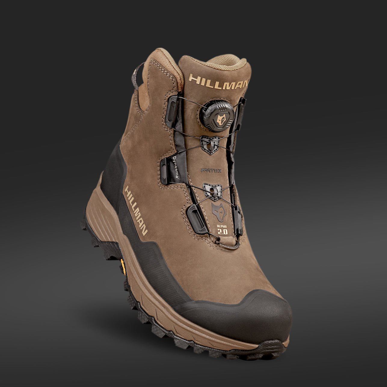 A brown Hillman® Waterproof Hunting Boot – Uninsulated Lightweight DryHunt™ with a rugged sole, black toe cap, BOA lacing system, and breathable design is displayed on a dark gradient background with HILLMAN branding on the side and tongue.