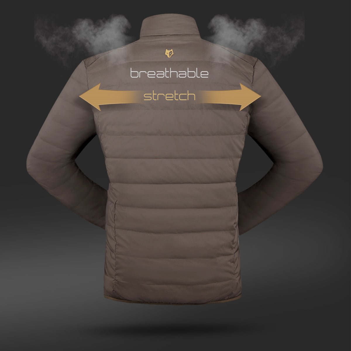 The Hillman® 4IL Hunting Down Jacket is a brown, packable puffy coat made with 1000FP down, shown from the back with steam at the shoulders labeled breathable and a large arrow across the back labeled stretch.