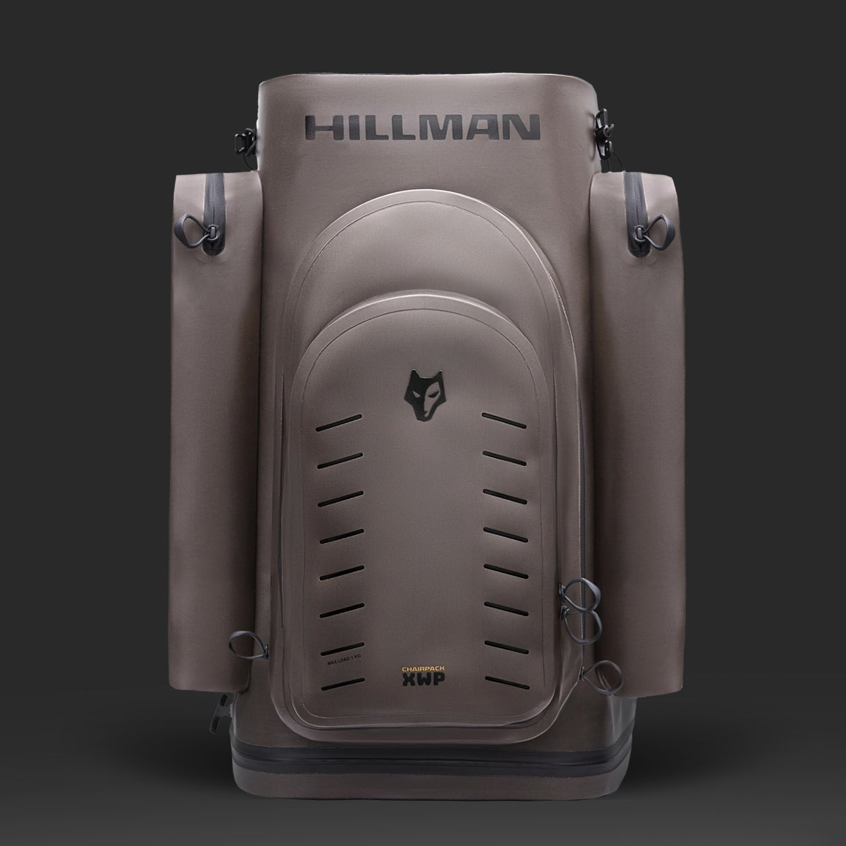 The Chairpack XWP40 by HILLMAN is a sleek matte brown backpack with waterproof tech, multiple compartments, and an animal face logo on the front, set against a solid black background.