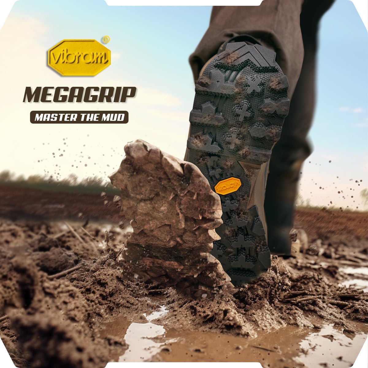 A close-up shows someone trekking through mud, lifting a foot clad in black Hillman® DryHunt™ Waterproof Hunting Boots. Mud clings to the sole, with “PRE-ORDER Hillman® DryHunt™—Master the Mud” highlighting these versatile boots in action.