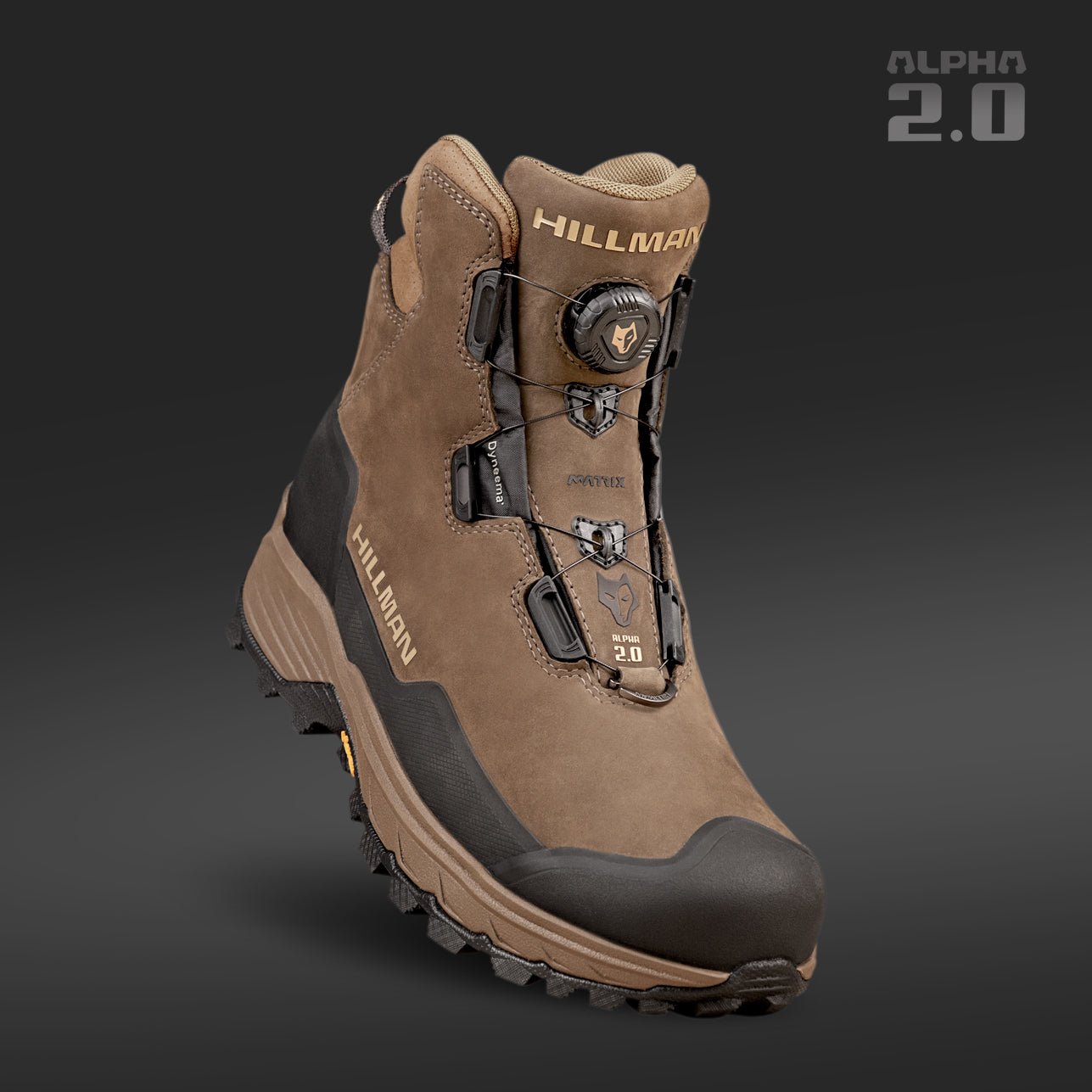 A rugged brown Hillman® DryHunt 2.0 wide width hunting boot appears on a dark background, displaying a BOA lacing system, reinforced toe, textured sole, and waterproof design—ideal lightweight, breathable boots for outdoor pursuits.