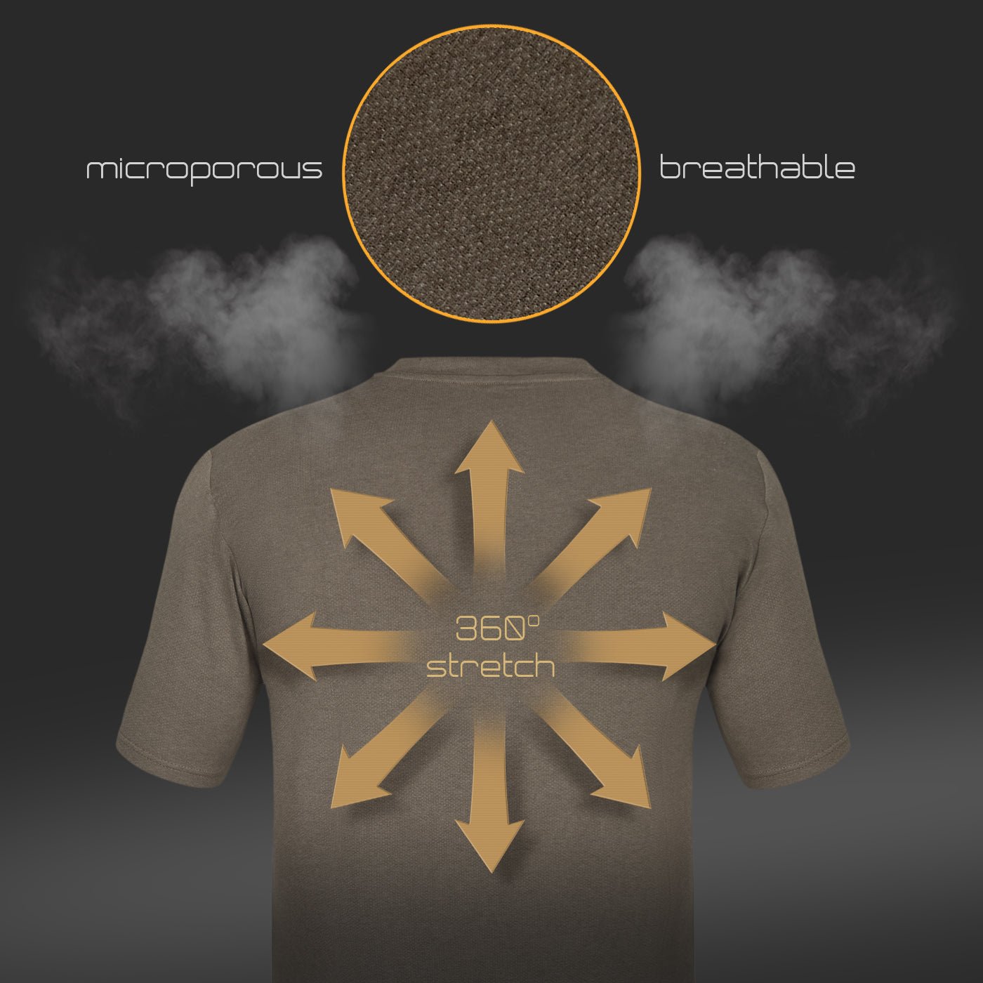The Hillman® 1UL Bamboo Short Sleeve Hunting T-shirt is shown from the back with yellow arrows and "360° stretch" text. Labels feature Active Vent Technology, microporous breathability, steam graphics, and a close-up of the fabric’s texture.