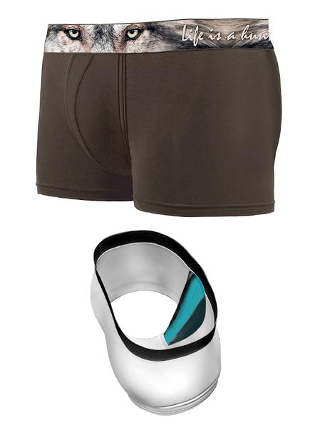 Hillman®s Hunting Boxair offers male boxer briefs made from bamboo fiber, featuring a bold wolf design and the phrase life is a hunt on the waistband, displayed above sleek white athletic shoes with teal insoles.