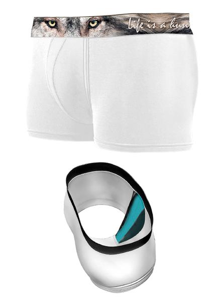 Hillman® Hunting Boxair athletic shoes in white and silver, featuring teal accents and a thick sole, offer both style and thermal control. They pair perfectly with white boxer briefs designed with a wolf face on the waistband.