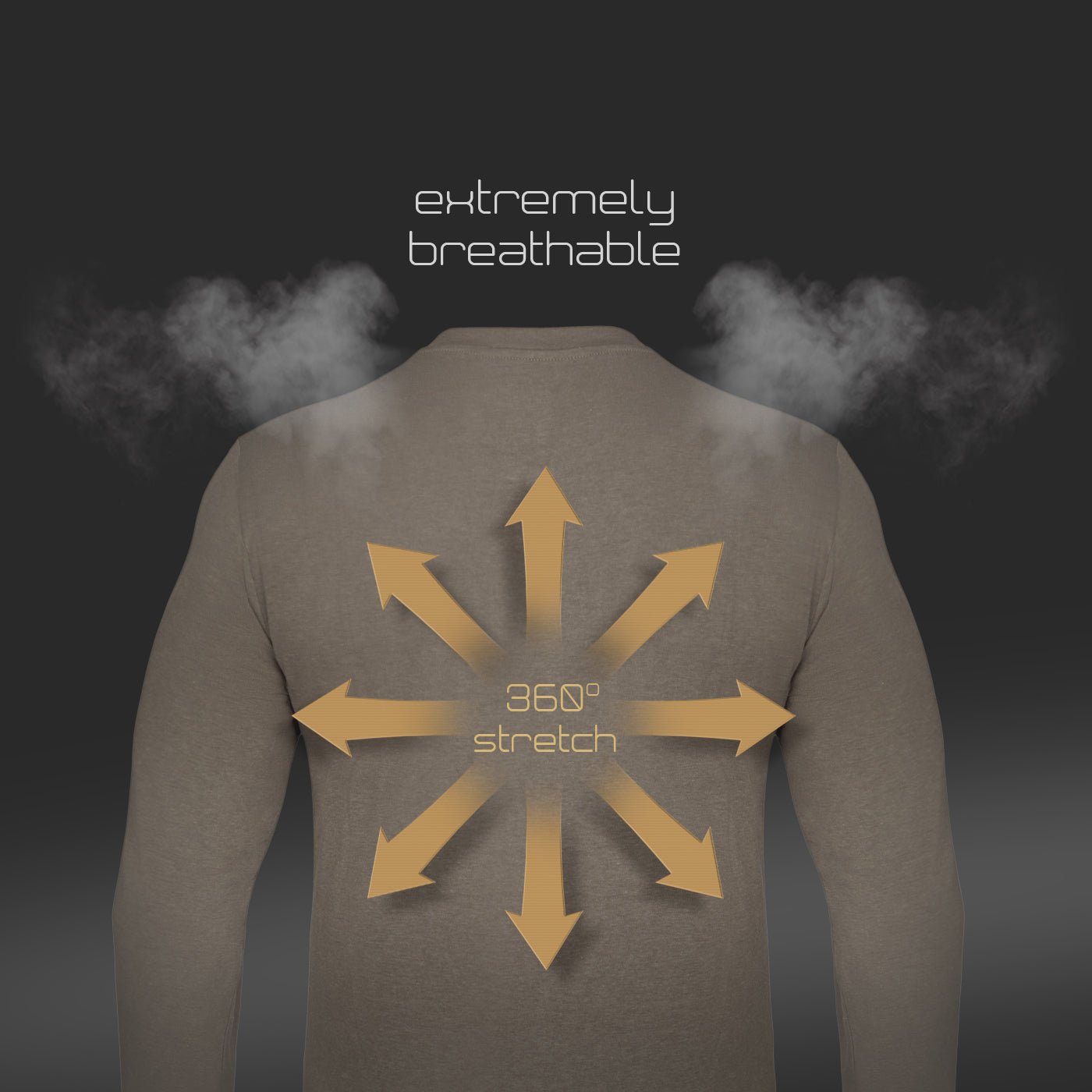 A person wears the Hillman® 1UL Bamboo Long Sleeve Hunting T-Shirt, shown from behind. Arrows highlight “360° stretch.” Above, “extremely breathable” is written as vapor graphics emphasize moisture control and airflow.