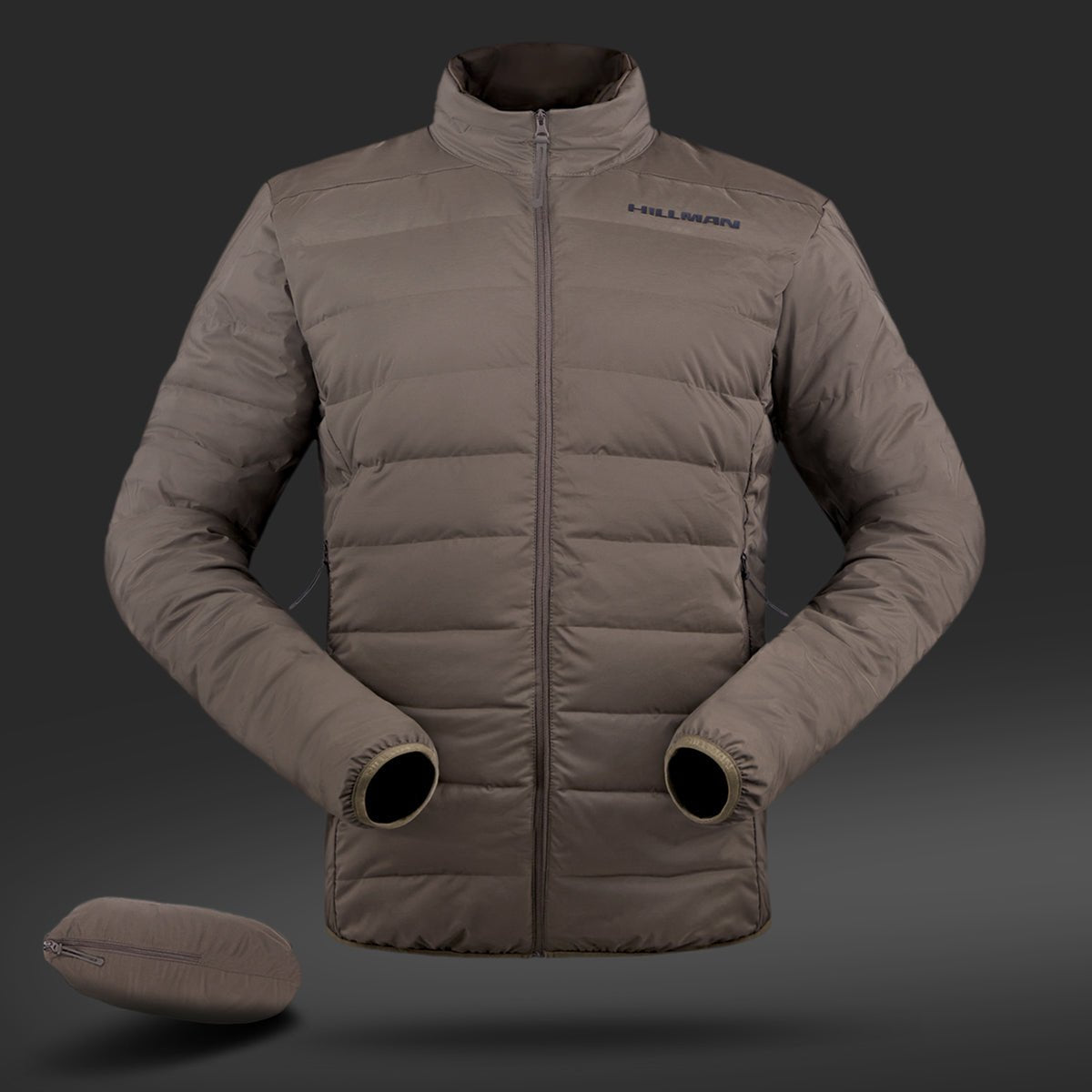 The HILLMAN 4IL Hunting Down Jacket is an ultra-lightweight olive green puffer with a front zipper and long sleeves for insulation efficiency, displayed against dark gray. A logo adorns the left chest, and a small packed version of this 1000FP puffer coat is shown in the bottom left corner.