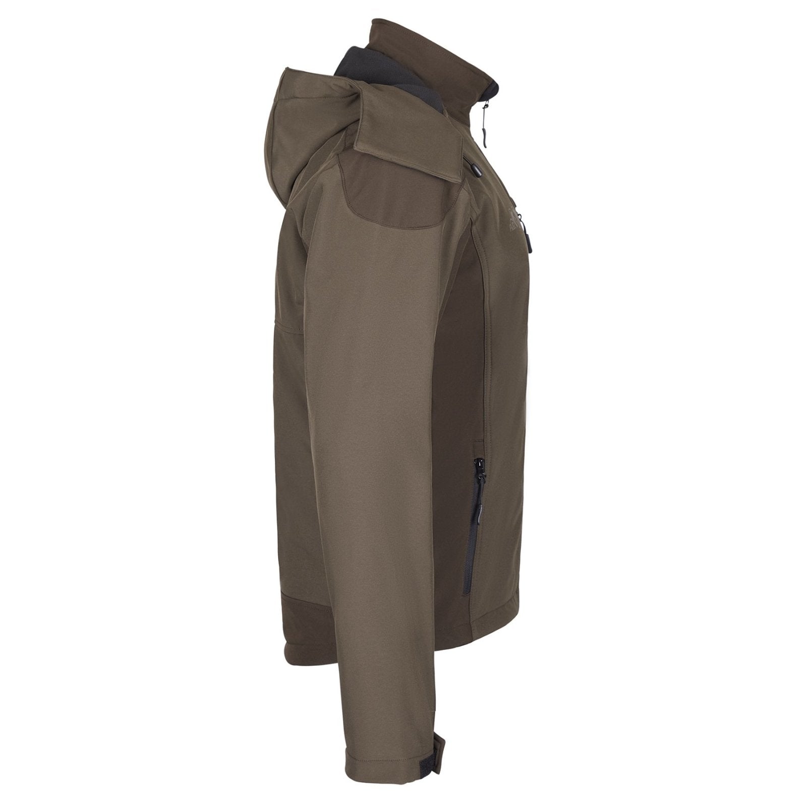 The Hillman® Hunting Jacket SOFTSHELL ARGO® is a khaki, wind-resistant jacket with a hood, long sleeves, zippered pockets, and high collar, shown side view against a white background.