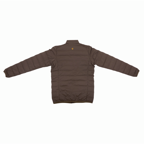 The Hillman® 4IL Hunting Down Jacket - Packable Puffy Coat - 1000FP Puffer is displayed laid flat, back facing up, in brown with long sleeves, horizontal stitching, and a small emblem at the top center.