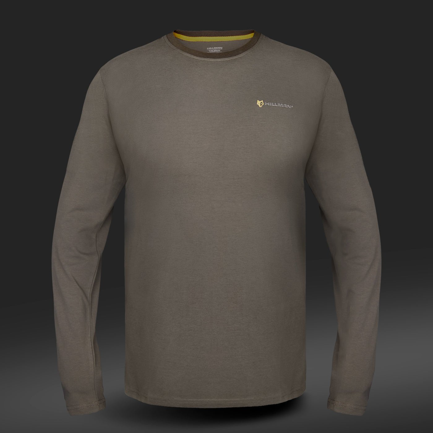 The Hunting T-shirt DGT Cotton Long Sleeve by Hillman® is an olive green, long-sleeve shirt made from luxuriously soft Egyptian cotton, featuring a small logo on the left chest. Its shown front-facing against a dark gradient background without any visible brand labels or tags.
