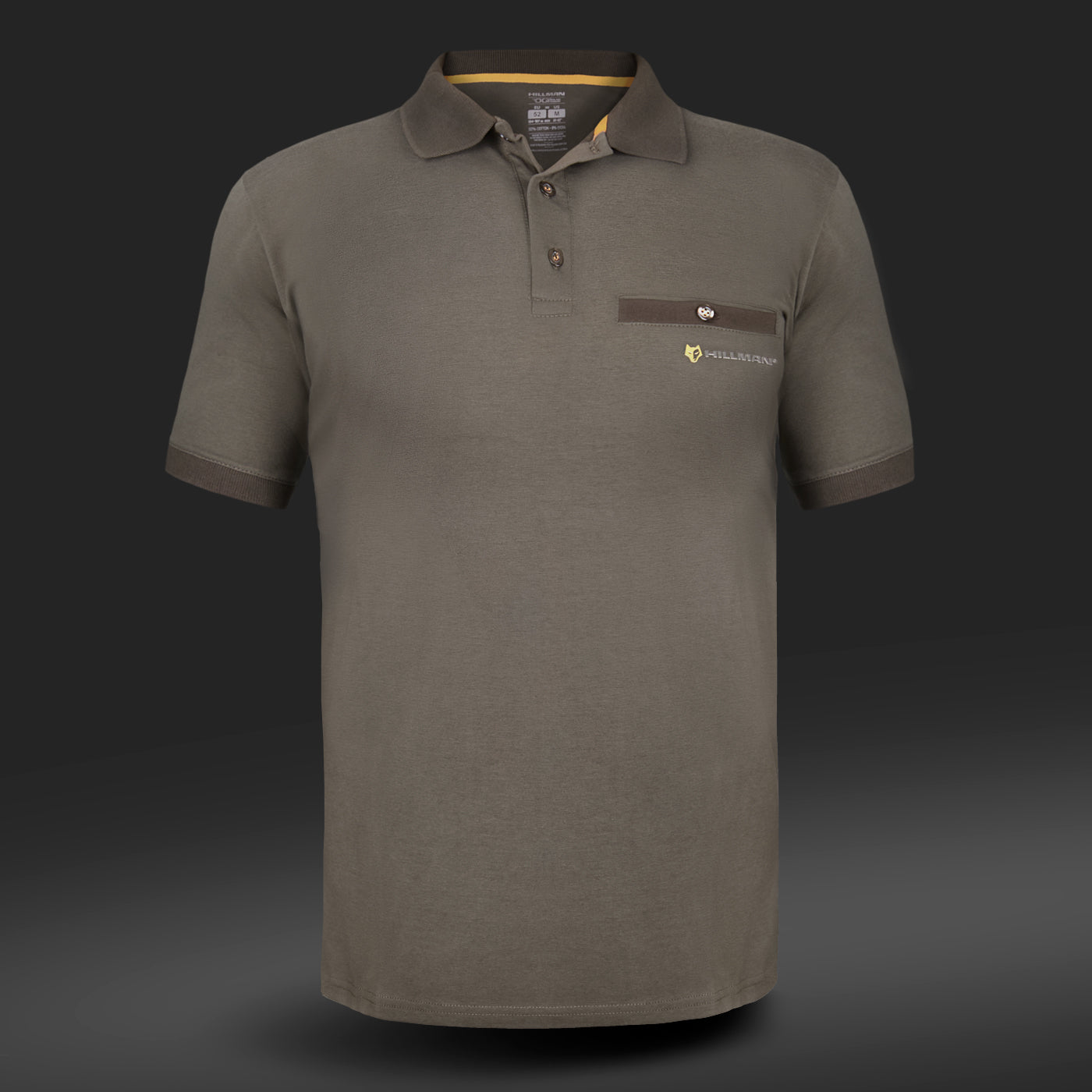The Hillman® Hunting Polo Shirt DGT, in olive green and crafted from luxurious Egyptian cotton, features short sleeves, a collar with three buttons, a small logo, and a pocket on the upper left chest. Its supersoft touch enhances comfort, displayed against a dark gradient background.