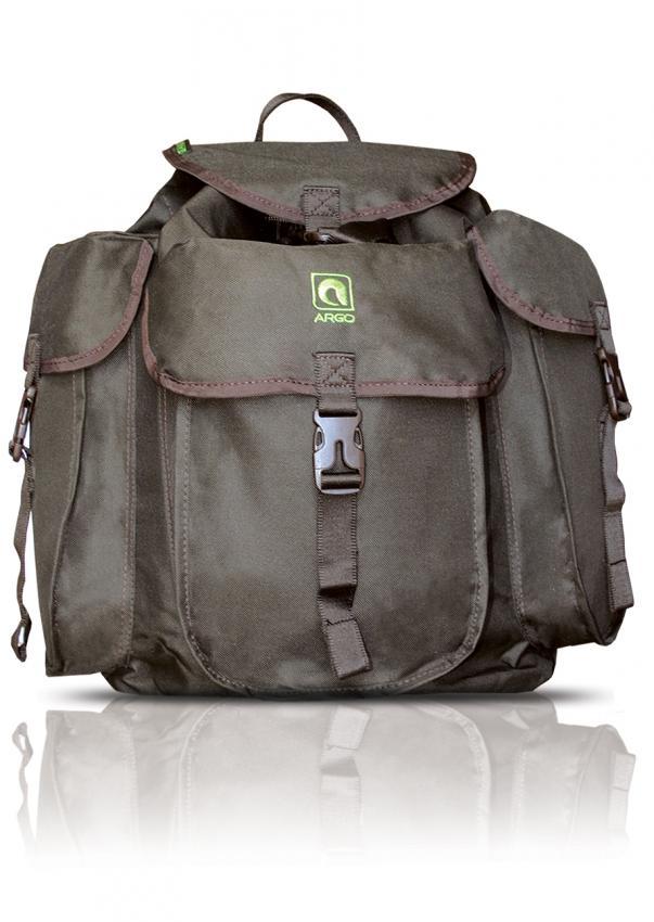 The Hunting Backpack ARGO® by Argo® is a lightweight green bag with two front pockets, a central buckle strap featuring the ARGO logo on the flap, durable fabric, brown edging, and a flap closure. Its reflection shimmers on a smooth surface.