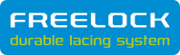 Blue rectangular logo with rounded corners. White text at the top reads FREELOCK in a bold, modern font. Below, smaller green text says durable lacing system.