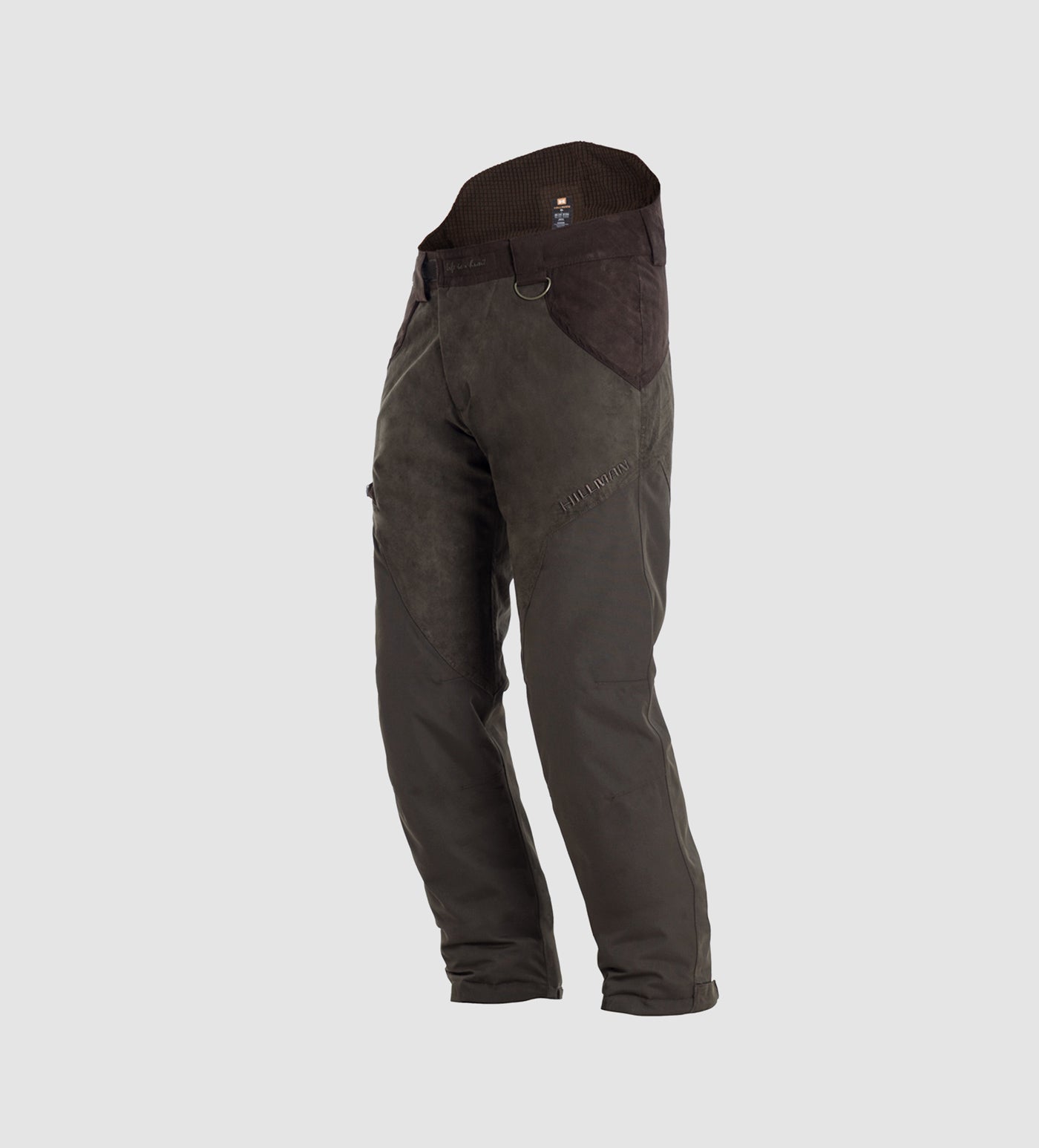 The Hillman® PRE-ORDER Fusion Waterproof Hunting Pants are dark green with reinforced brown patches, a high waistband, and a metal ring near the left pocket. The pants are displayed against a plain light gray background.