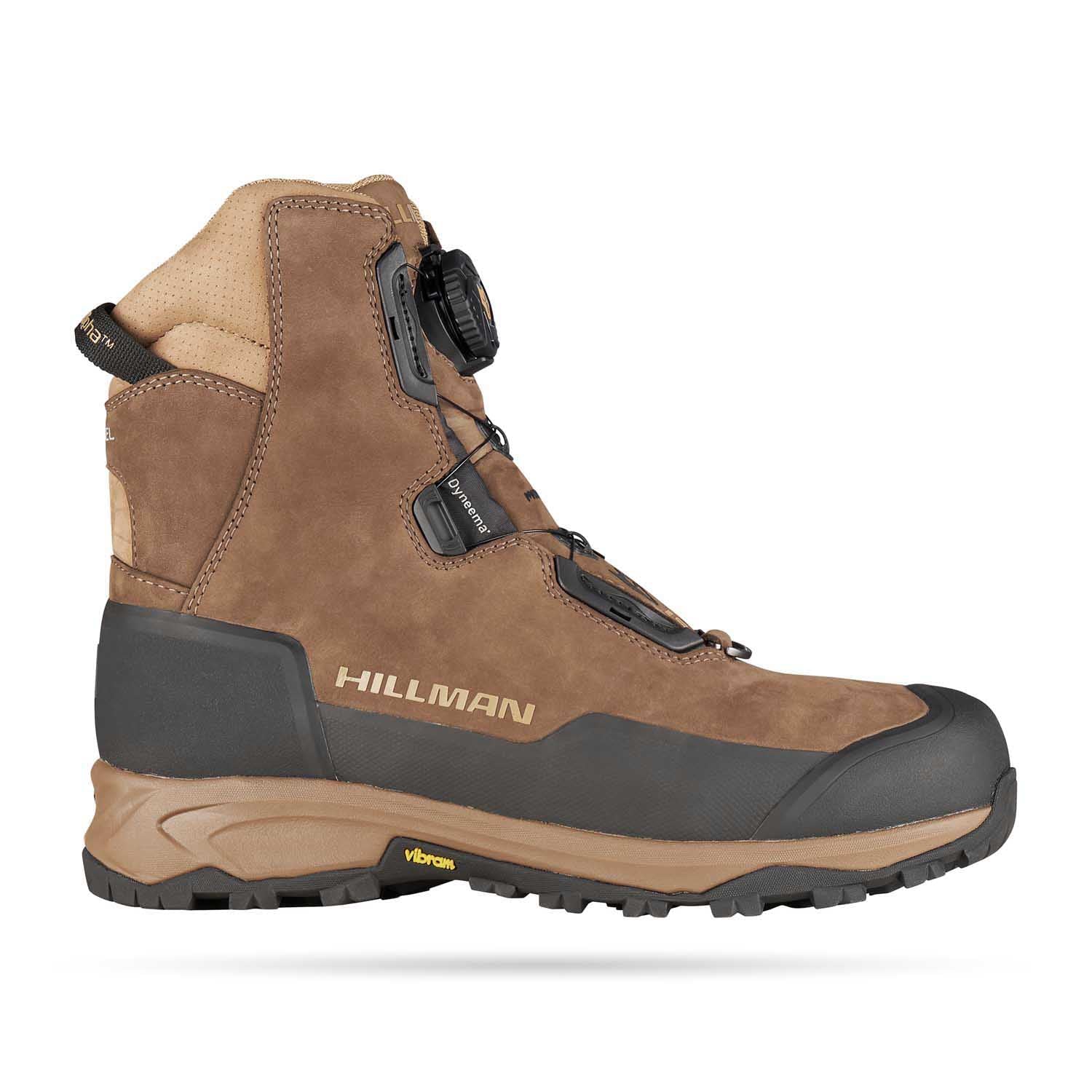 The HILLMAN Insulated Hunting boots Aerogel™3-Season feature a brown, high-ankle design with black Vibram sole near the heel, BOA lacing, side zipper, and “HILLMAN” branding—ideal for outdoor adventures.