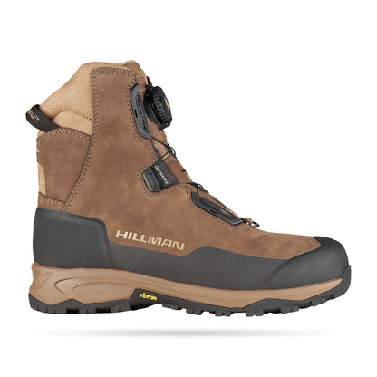 The HILLMAN Insulated Hunting boots Aerogel™3-Season feature a brown, high-ankle design with black Vibram sole near the heel, BOA lacing, side zipper, and “HILLMAN” branding—ideal for outdoor adventures.