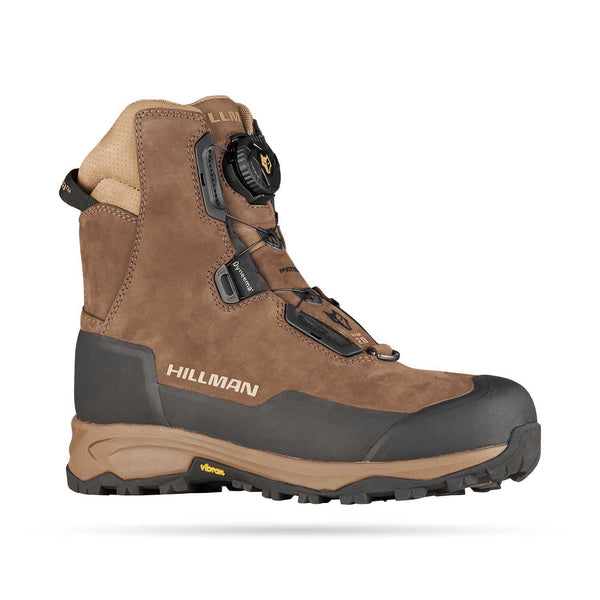 The HILLMAN Insulated Hunting boots Aerogel™3-Season in brown and black have a rugged sole, reinforced toe, adjustable closure, and display HILLMAN branding on the side with a Vibram logo on the sole—ideal for outdoor adventures.