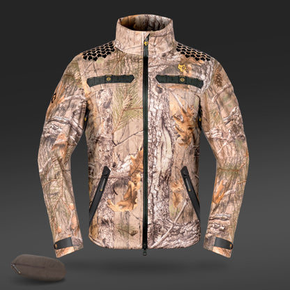 The 5WL Waterproof Camo Hunting Rain Jacket by HILLMAN GEAR, featuring a high collar and zippered pockets, is expertly crafted for blending into natural environments. This breathable jacket is displayed against a dark background with a small matching pouch in the bottom left corner.