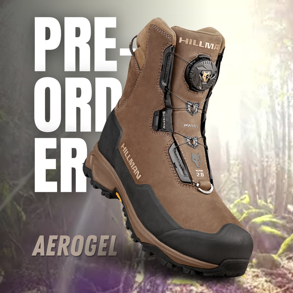 A brown hiking boot with a black sole and secure lacing system appears against a blurred nature backdrop. Highlighted on the left are PRE-ORDER and AEROGEL 2.0 Insulated Waterproof Hunting Boots by HILLMAN, underscoring high-tech luxury and unmatched performance.