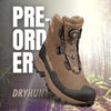 The HILLMAN PRE-ORDER DRYHUNT 2.0 Waterproof Hunting Boots in rugged brown are showcased against a blurred forest backdrop, highlighting their advanced lacing and grip for versatile terrain performance.