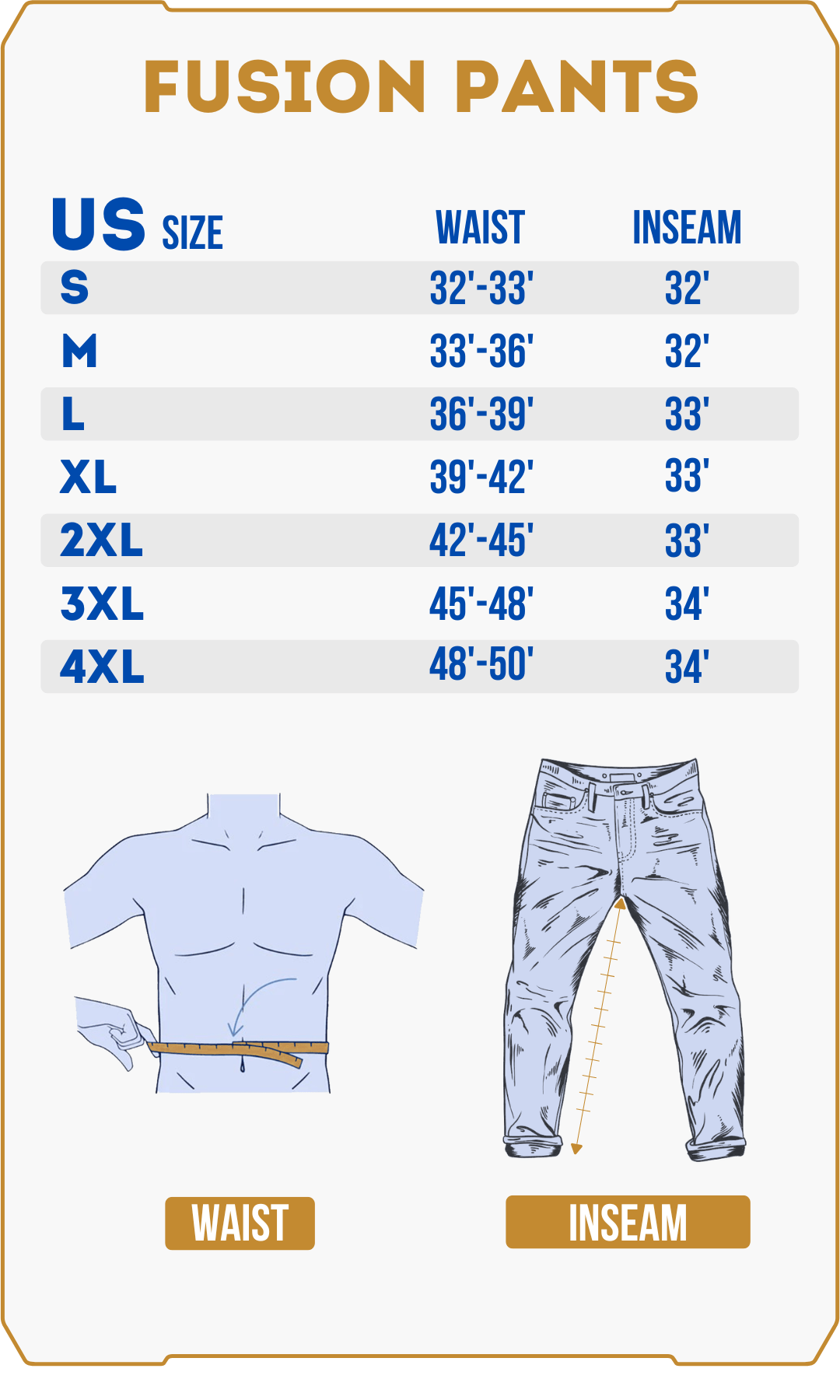 Hillman® Waterproof Insulated Hunting Pants | Fusion size chart covers US S–4XL with waist and inseam (inches). Illustrations show measuring on a person or jeans—helping you find the ideal fit for these lightweight, hunting pants.