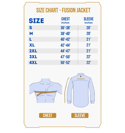 The Hillman® Waterproof Insulated Hunting Jacket | Fusion size chart lists chest (36–52 in) and sleeve (20–22 in) measurements for S–4XL, with diagrams showing how to measure on both a person’s upper body and a shirt.