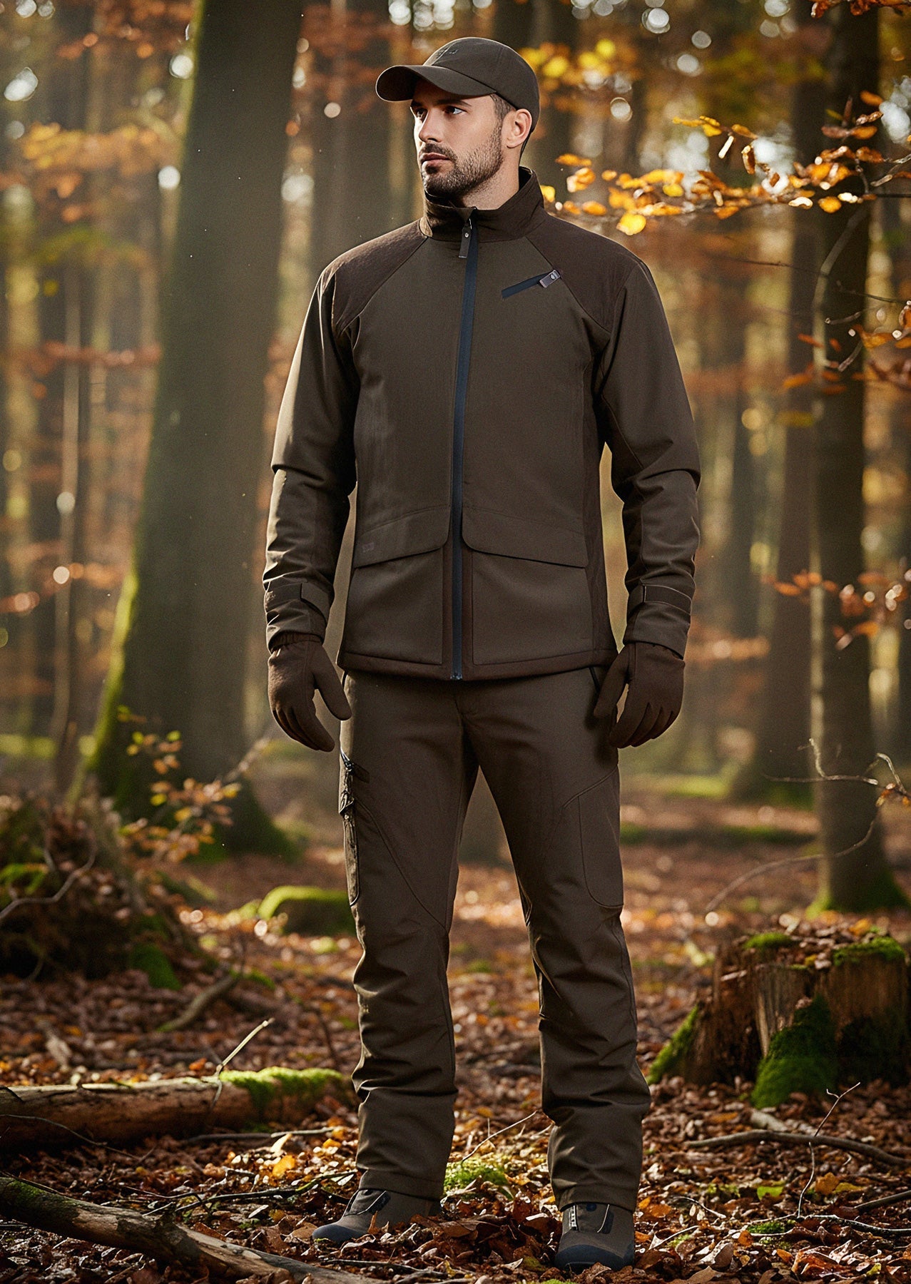 A person stands in a sunlit autumn forest wearing the Hillman® Waterproof Insulated Hunting Jacket | Fusion. Fallen leaves cover the ground, while trees with colorful foliage create a vibrant background.