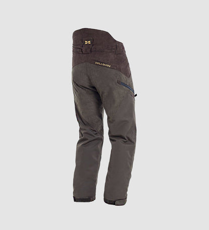 A pair of Hillman® Waterproof Insulated Hunting Pants Fusion in green and brown, featuring a high waistband with "HILLMAN" in yellow, back zipper pocket, and reinforced seat, displayed on a plain background.