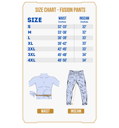 Size chart for Hillman® Waterproof Insulated Hunting Pants Fusion, showing waist and inseam measurements from S to 4XL. Includes two illustrations demonstrating how to measure waist and inseam on a figure and pants.