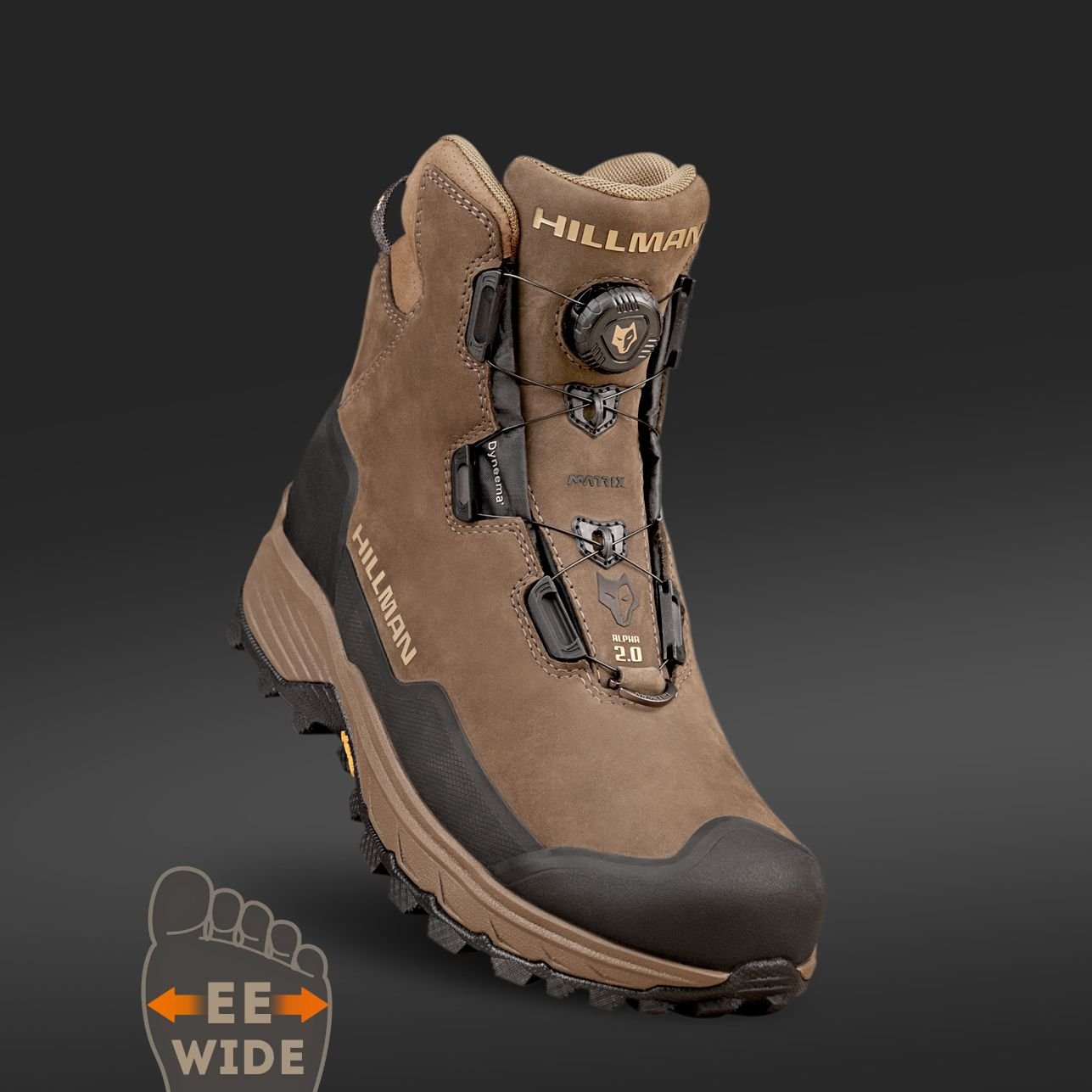 The Hillman® DryHunt 2.0 Wide Width Hunting Boots in brown feature a rugged sole, reinforced toe, and unique lacing; an EE Wide width icon with a foot graphic is shown, ideal for those seeking lightweight, waterproof hunting boots.