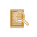 Icon of a document with horizontal lines, overlaid by a magnifying glass symbol. The design is in a gold color on a black background.