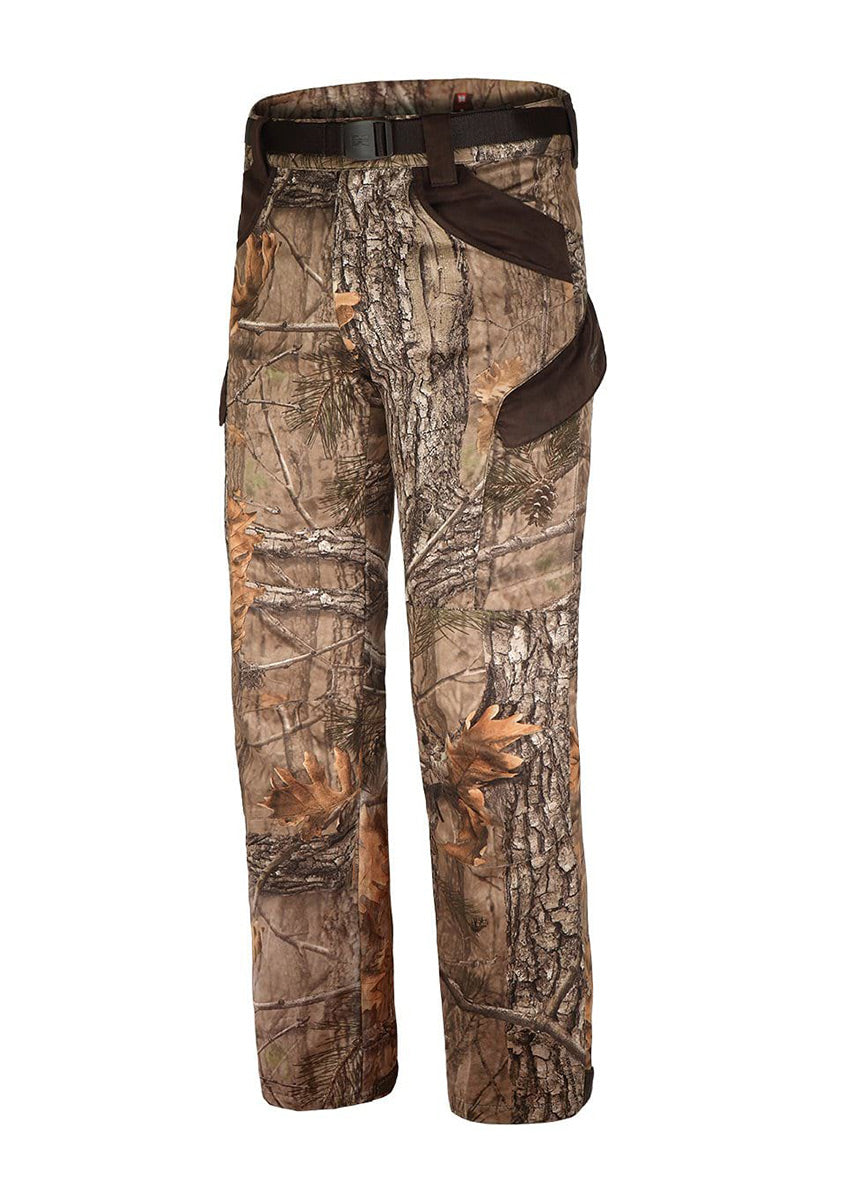 The Hillman® XPR Ultralight Climatronic Hunting Pants in 3DX camo feature a belt, multiple pockets, reinforced knees, and textured fabric for durability and utility across various activities.