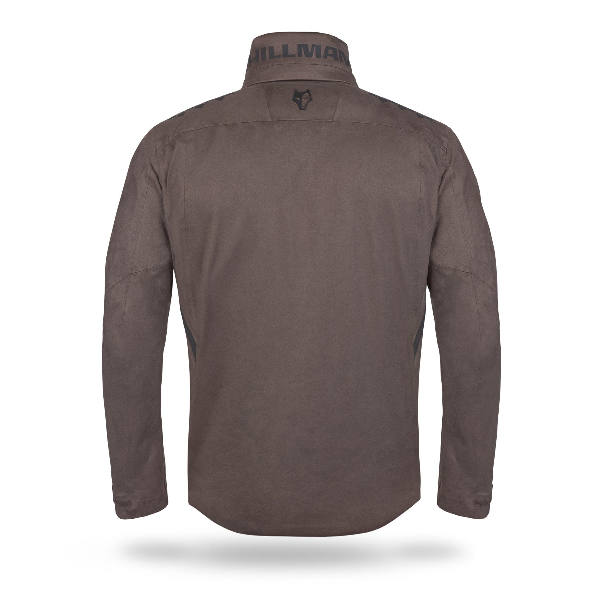 The HILLMAN GEAR 5WL Lightweight Hunting Rain Jacket is shown from the back, featuring a brown long-sleeve design with a high collar bearing black text and an emblem. It offers nano-membrane breathability, faint seam lines, and a plain look with no visible fastenings.