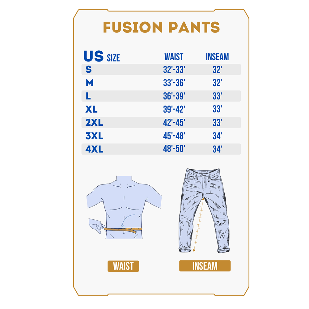 Size chart for Hillman® PRE-ORDER Fusion Waterproof Hunting Pants, listing US sizes S–4XL with waist and inseam measurements. Includes illustrations showing where to measure on body and pants.