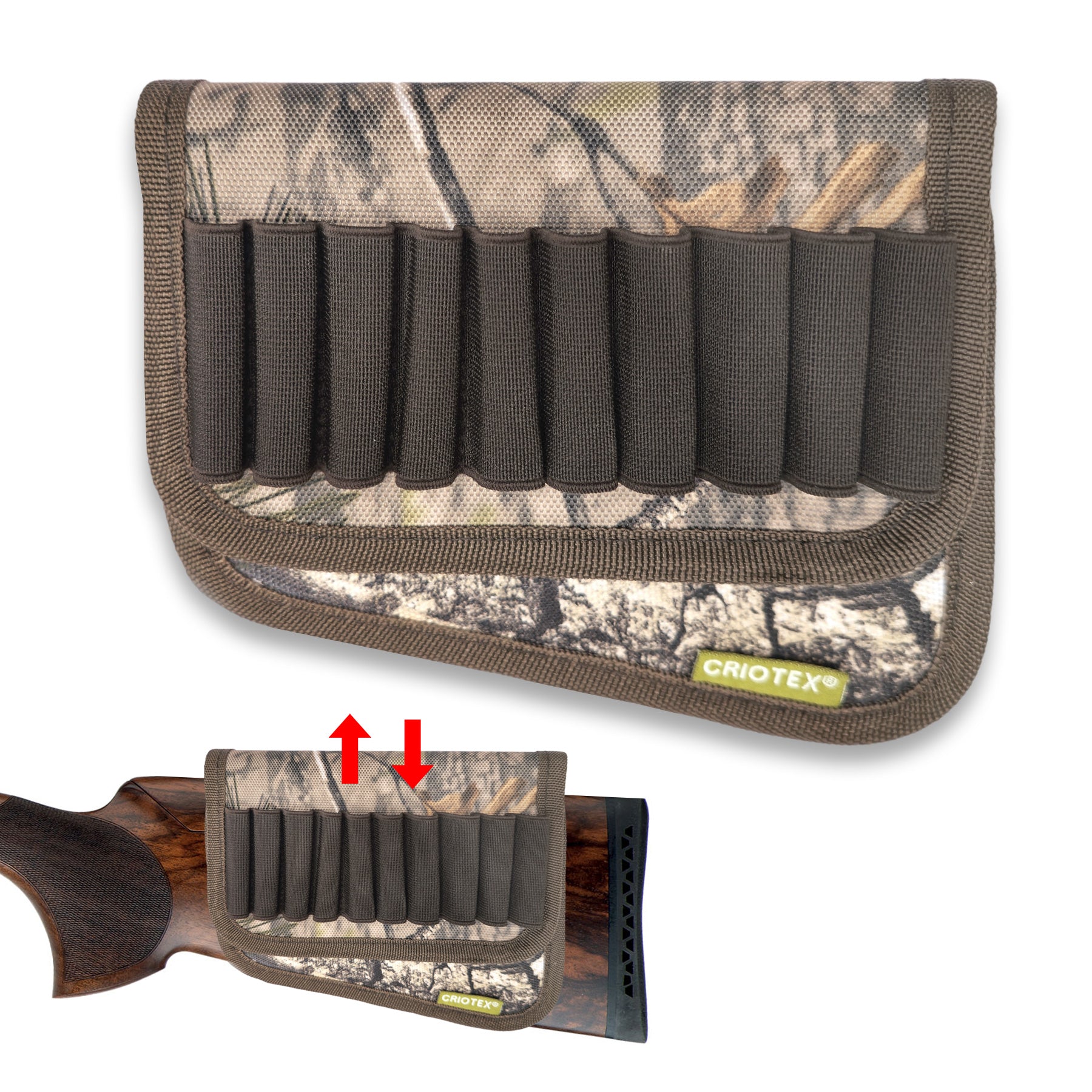 Attached to a rifle stock, the Hillman® Rifle Stock Protector with High Adjustment Argo features elastic loops for ammo and provides reloading convenience and scratch protection. A close-up shows a CRIOTEX fabric patch with an arrow indicating attachment direction, in camouflage pattern.