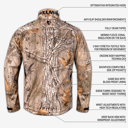 Brave the cold in the Hillman® Camo Hunting Jacket - Insulated Waterproof AlphaShell | 6OL, crafted for cold weather hunts and featuring camo design with stylish text details.