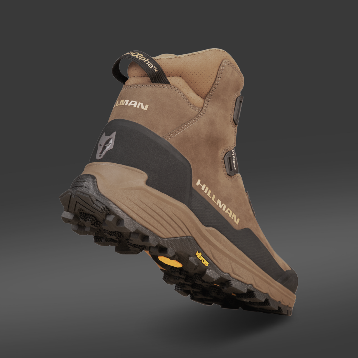 The Hillman® PRE-ORDER Waterproof Hunting Boots | DryHunt™, shown from a low rear angle, showcase their treaded sole and ankle support—ideal lightweight boots for comfort on long outdoor adventures.