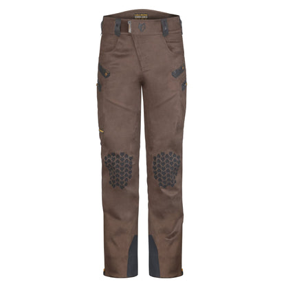 The 6OL Matrix Insulated Hunting Pants by HILLMAN GEAR are brown outdoor pants with black knee reinforcements in a hexagonal pattern. They have multiple pockets, belt loops, dark gray ankle accents, and a brand label on the waistband, offering style and function for hunting.