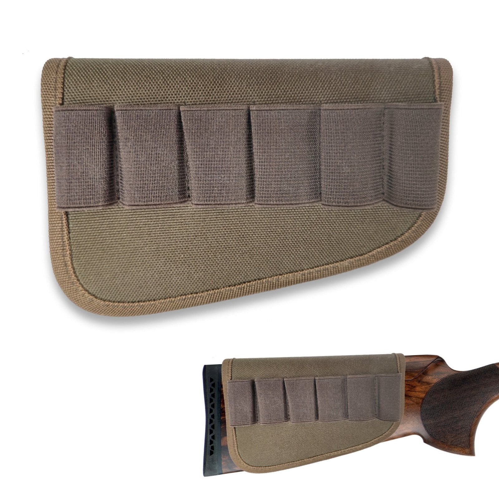 The Hillman® Stock Protector with Cartridge Holders 12ga Argo is a brown canvas cheek riser and ammo holder crafted from durable Criotex material. It features five cartridge holders on the upper section and securely attaches to a wooden rifle stock, offering added scratch protection.